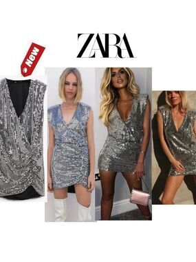ZARA draped sequin mini dress silver metallic Bloggers fave Sz XS NWT